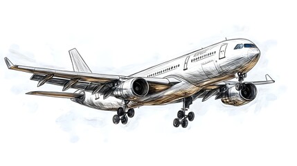 A detailed sketch of a large passenger airplane in flight approaching landing gear down against a light blue sky background.