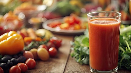A fresh, healthy meal set up on a wooden table with a glass of fruit juice.