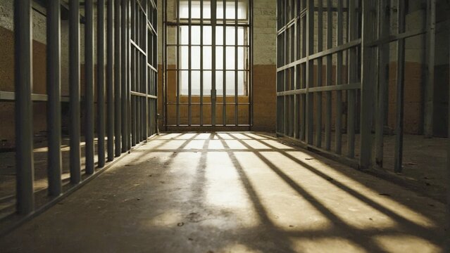 A jail cell with bars and a small window, suitable for crime scenes or prison settings