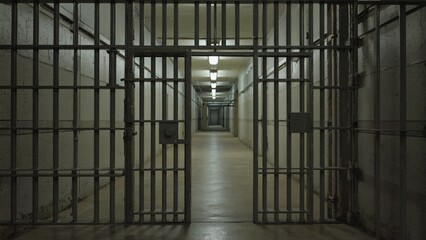 A jail cell door is open in a dimly lit room, offering a glimpse of freedom