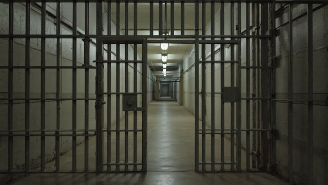 A jail cell door is open in a dimly lit room, offering a glimpse of freedom