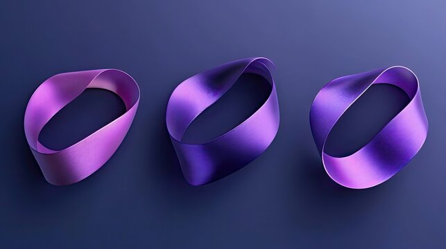 Vector 3D realistic purple ribbon set. Pancreatic cancer awareness symbol closeup. Cancer ribbon template. World Pancreatic Cancer Day concept.