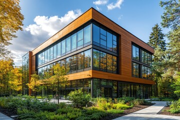 Modern office building exterior with wooden facade and glass windows reflecting autumn trees and blue sky creating a serene and professional atmosphere