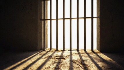 A jail cell with sunlight shining through the bars, suggesting hope and freedom