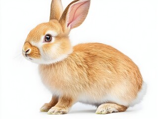 Obraz premium An adorable fluffy brown bunny rabbit sits against a pure white background looking attentively to its right side.