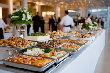 An extensive buffet spread showcasing a variety of culinary delights, inviting guests to indulge in a lavish feast at a glamorous social gathering or celebration.