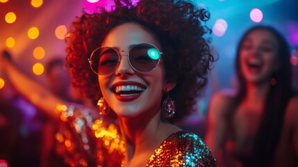 Young woman wearing sunglasses is enjoying night party at disco club