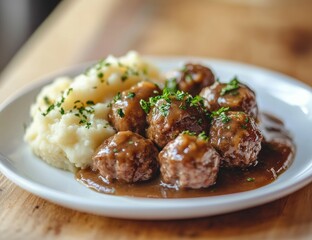 A plate of meatballs and mashed potatoes