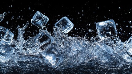 Ice cubes splash into water, creating a cascade of bubbles against a dark background, evoking a refreshing and dynamic visual.