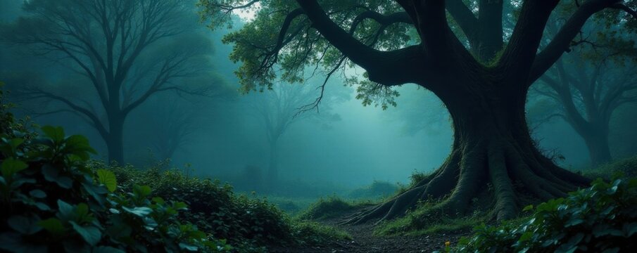 Dark mysterious forest with overgrown bushes and twisted tree, forest, twilight