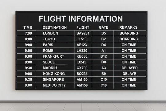 a large flight information board mounted on a white wall, featuring multiple columns displaying real-time departure times, destinations, gate numbers, and flight statuses