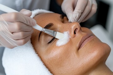 A beauty expert carefully applies a creamy facial mask on a client's skin, emphasizing beauty routines and self-indulgence in a relaxing spa environment.