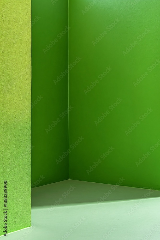 Poster empty room corner with green walls and floor with sunlight casting geometric shadows