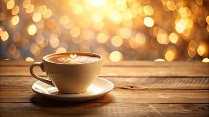 Obraz premium Aromatic Coffee Delight Warm Beverage in a Ceramic Cup on Rustic Wooden Table with Festive Background
