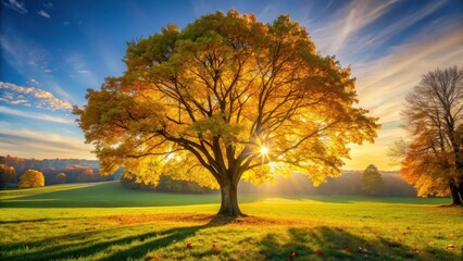 Golden Autumn Sunlight Illuminates a Majestic Tree in a Serene Meadow Landscape