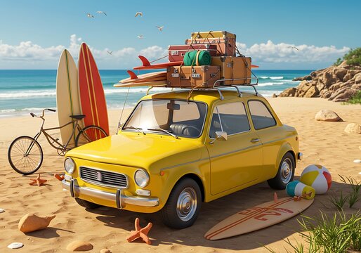 A sunny beach getaway packed into a cheerful yellow vintage car, ready for surfing adventures under a vibrant sky with surfboards and luggage on top.