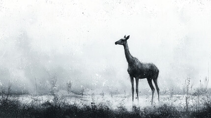 lone deer stands in misty, monochromatic landscape, Blank background illustration with copy space for text or branding, empty area, Perfect negative space for content placement.