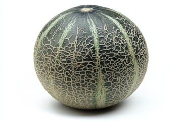Close up studio shot of a fresh ripe cantaloupe melon with intricate pattern on a bright white background