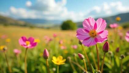 Fototapeta premium Pink and yellow primroses blooming in a Spanish field , image, colorful, Spanish flora
