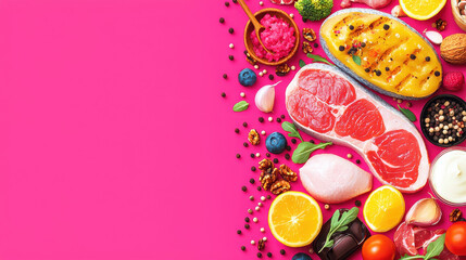 Fresh ingredients on vibrant pink background, Blank background illustration with copy space for text or branding, empty area, Perfect negative space for content placement.