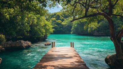 Fototapeta premium Serene Lagoon Escape: Wooden Dock Over Turquoise Waters