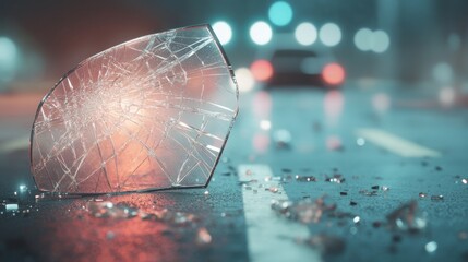 Broken car mirror on wet road after accident
