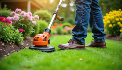 Gardener trimming grass around flower bed, maintaining beauty