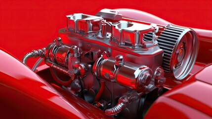 Fototapeta premium A carburetor fuel inlet with braided fuel lines and anodized fittings on a red background