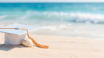 Graduation cap on sandy beach with ocean waves in background, celebrating achievement and summer vibes, graduation celebration concept