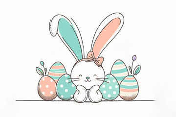 Obraz premium Easter bunny with pastel-colored ears and a cute bow. Easter celebration.