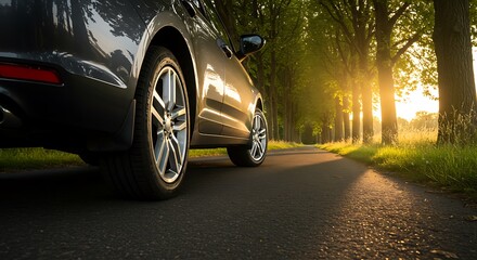 A solitary car journey at sunset, bathed in the warm golden light filtering through a sun-dappled tree-lined road, offering a tranquil and peaceful escape.