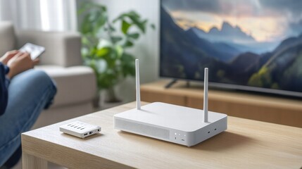 Modern Wi-Fi Router on Table with Remote Control and Scenic View