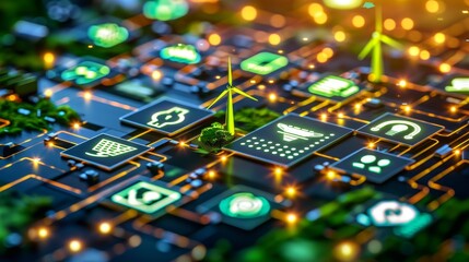 Close up of glowing green renewable energy icons  wind turbines, solar panels, recycling symbol