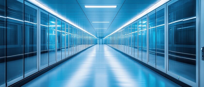 Serene Blue Data Center Hallway with Rows of Glass Door Cabinets and Reflective Floor Leading to Bright End