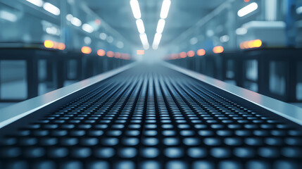 Naklejka premium A blurred conveyor belt in a modern industrial setting, illuminated by overhead lights, creating a futuristic atmosphere.