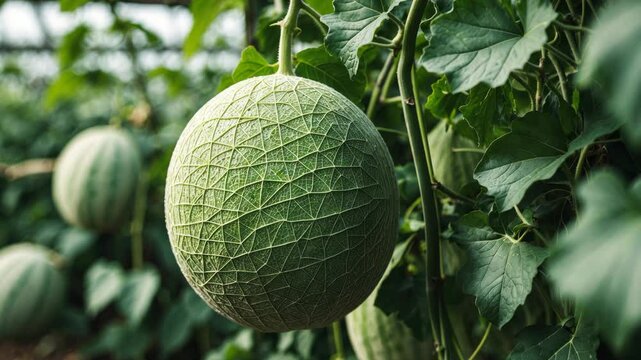 Fresh green melon inside a greenhouse