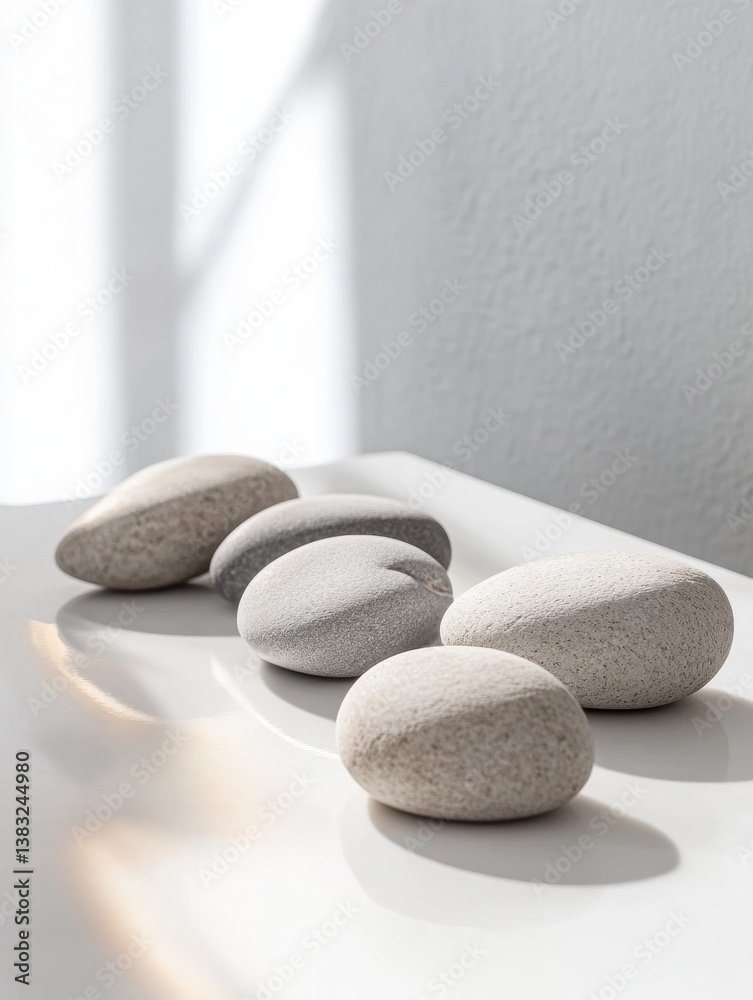 Aufkleber Minimalist arrangement of smooth river stones on white surface with soft lighting and neutral aesthetic in a serene indoor setting