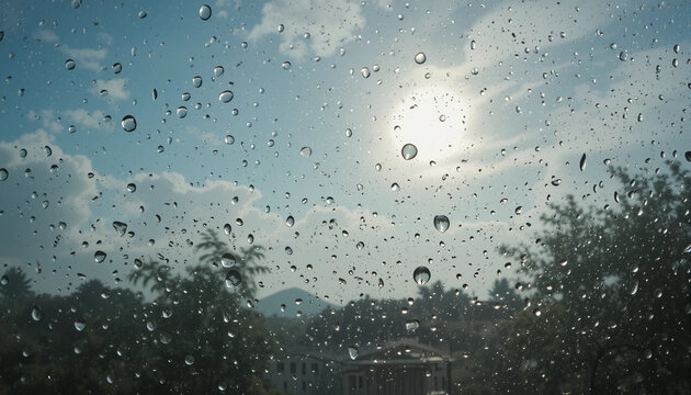 Rain-Kissed Horizon: A serene scene of rain drops on glass, with a sun-drenched sky and the silhouette of trees and a building, creating a tranquil atmosphere.