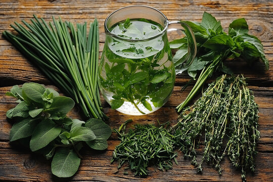 p: a rustic wooden table with a spread of fresh spring herbs like lovage, chives, and tarragon - Powered by Adobe