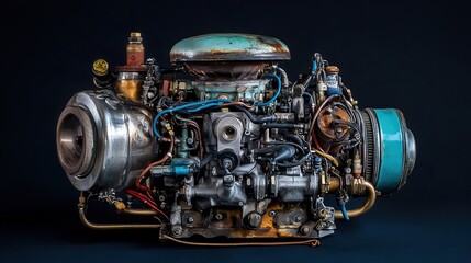A fully assembled carburetor mounted on an intake manifold with fuel lines attached on a dark blue background