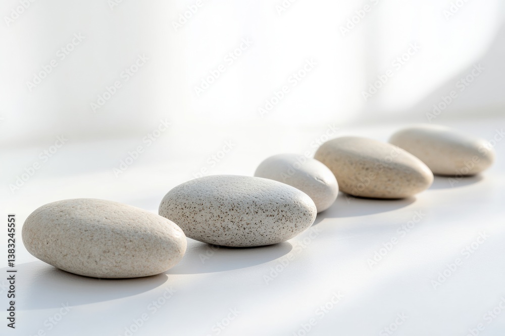 Poster minimalist arrangement of smooth river stones on a white surface with soft lighting and neutral aest