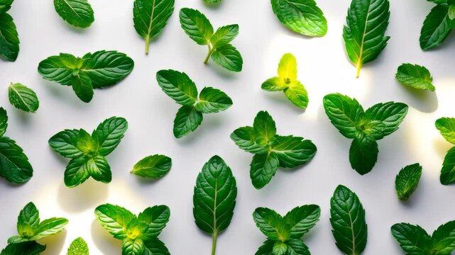 Fresh mint leaves gathered on a white background, overhead view. Close-up of peppermint.