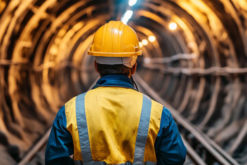 Fototapeta premium Miner working diligently underground in a deep tunnel during a nighttime shift in a coal mine