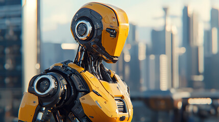 A futuristic robot with a sleek design in yellow and black stands against a modern city skyline.