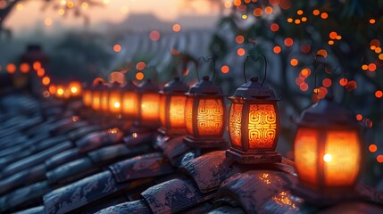 Captivating Sunset with Lanterns on a Rooftop Surrounded by Autumn Leaves