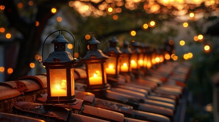 Captivating Sunset with Lanterns on a Rooftop Surrounded by Autumn Leaves