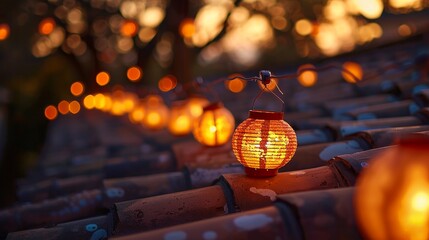 Captivating Sunset with Lanterns on a Rooftop Surrounded by Autumn Leaves