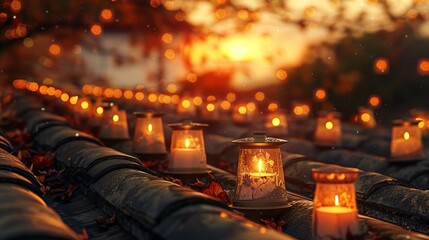 Captivating Sunset with Lanterns on a Rooftop Surrounded by Autumn Leaves