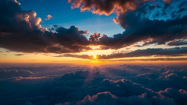 Beautiful panoramic view of the sunrise or sunset featuring silver linings and clouds in the sky.