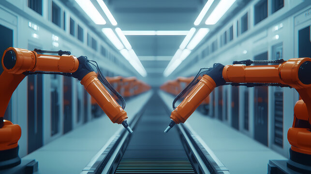 The image features two robotic arms in a modern industrial setting, positioned parallel along a conveyor belt, highlighting advanced automation technology.